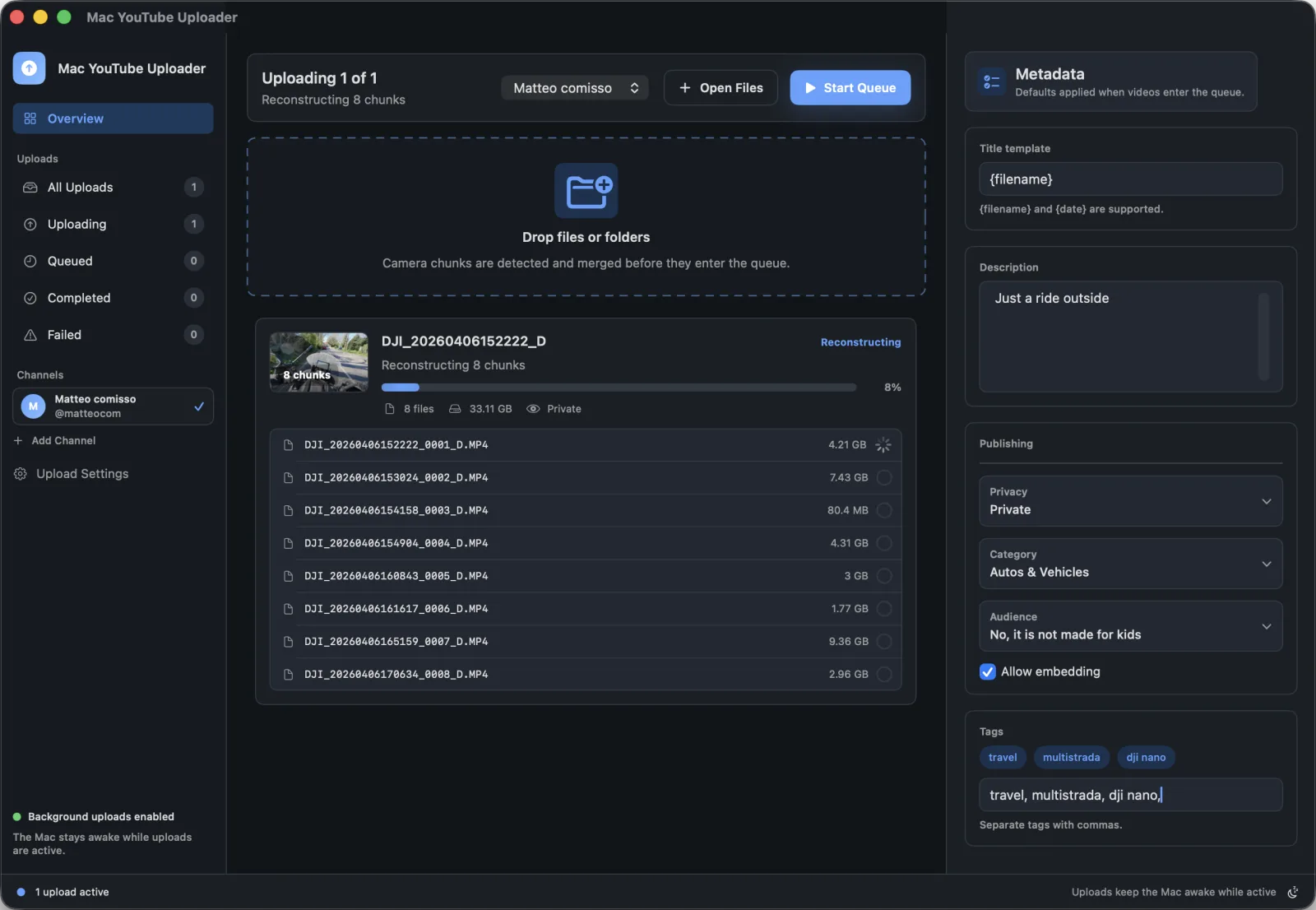 Mac YouTube Uploader queue and metadata interface for YouTube Uploader for Video Editors on Mac