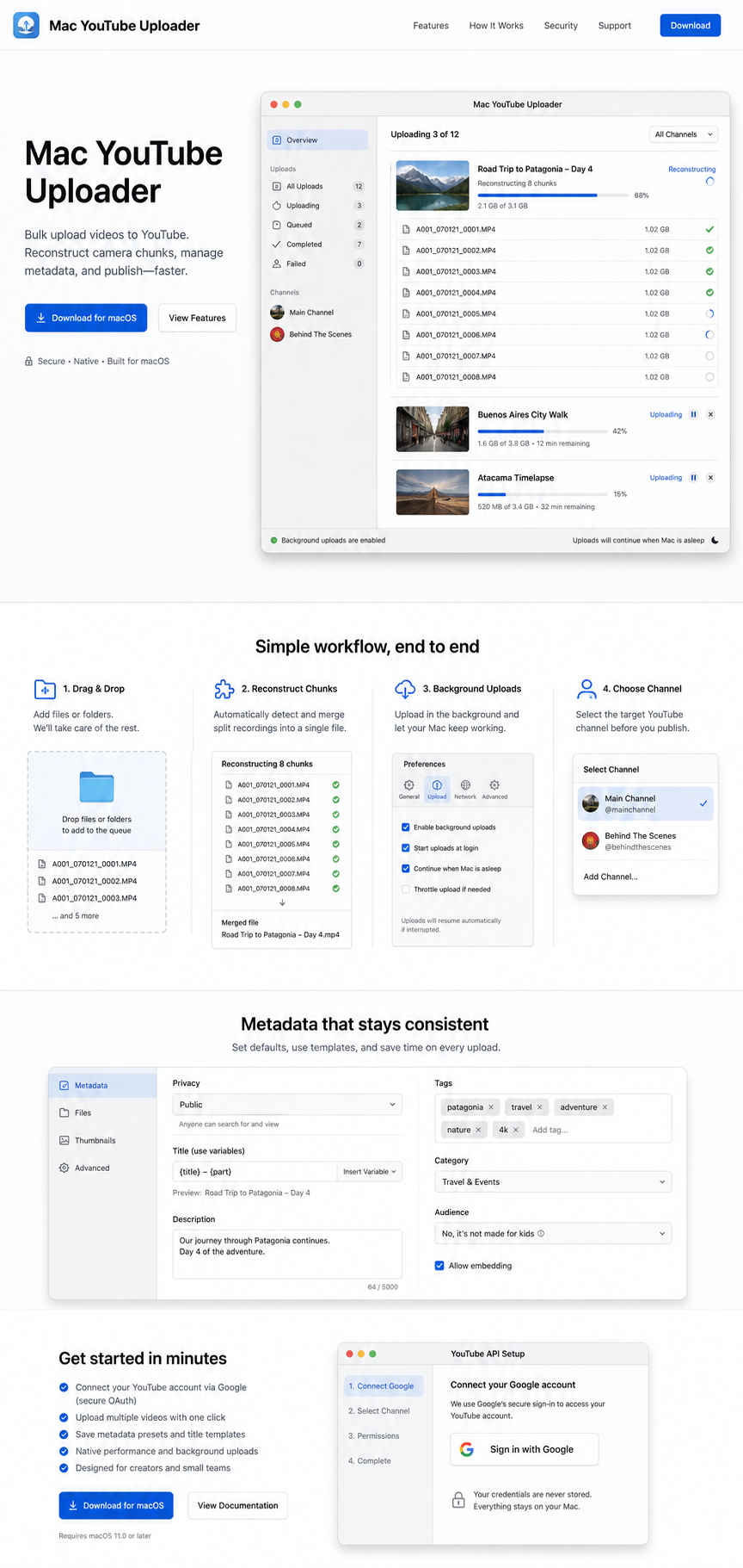 Mac YouTube Uploader app window showing a queue, reconstructed camera chunks, and upload progress